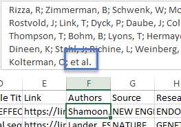 Et al spreadsheet screenshot